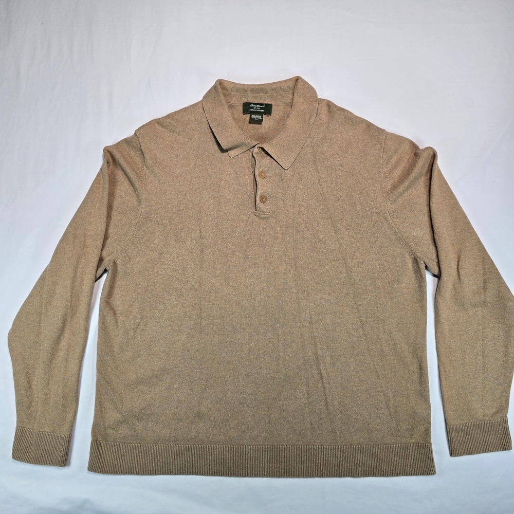 Eddie Bauer Mens XL Cotton Cashmere Long Sleeve Polo Sweater Tan Heather 76B/03
